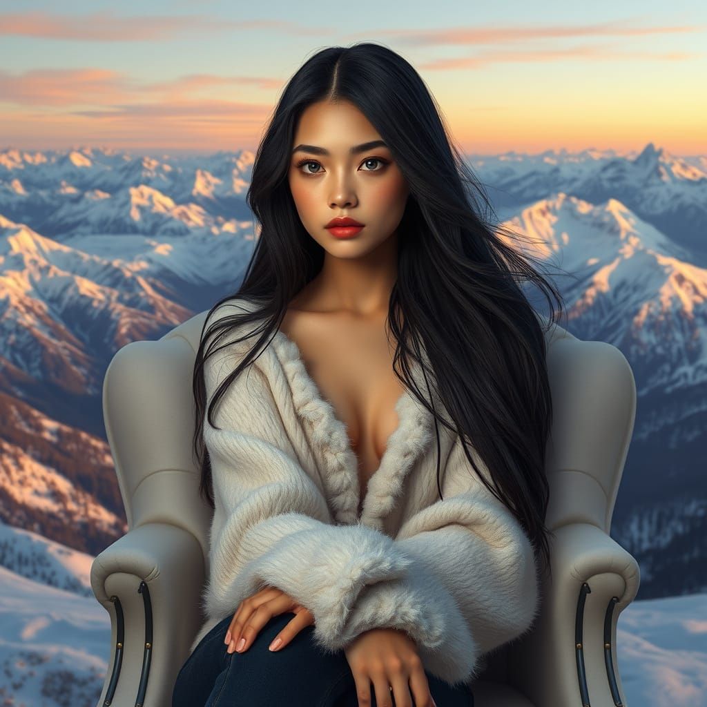 Elegant Woman in Snowy Mountains, Hyperrealistic Splash Art