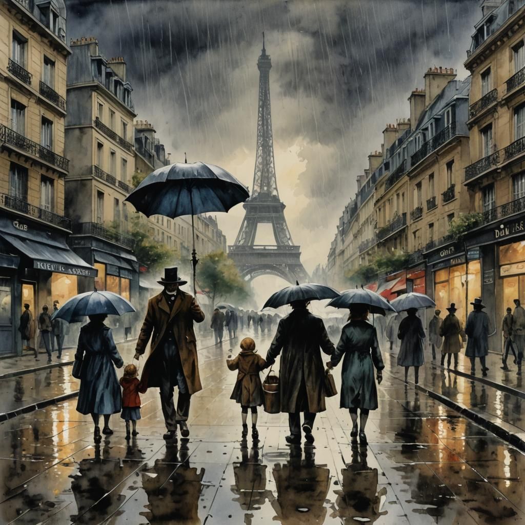Eiffel Tower: Family in Rainy Paris Watercolor