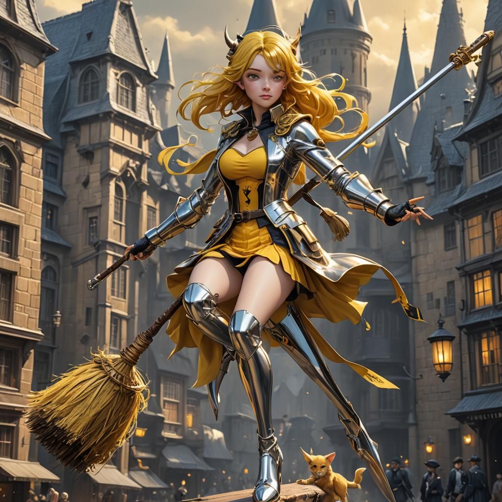 Chrome Hufflepuff Girl on Broomstick in 3D Anime Art