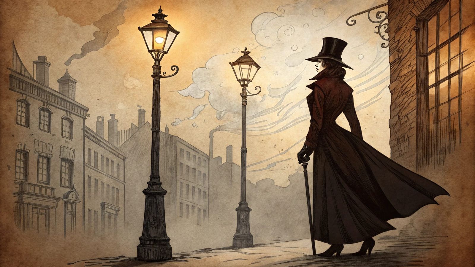 Elegant Vampire Woman in Victorian Attire, Steampunk Street...
