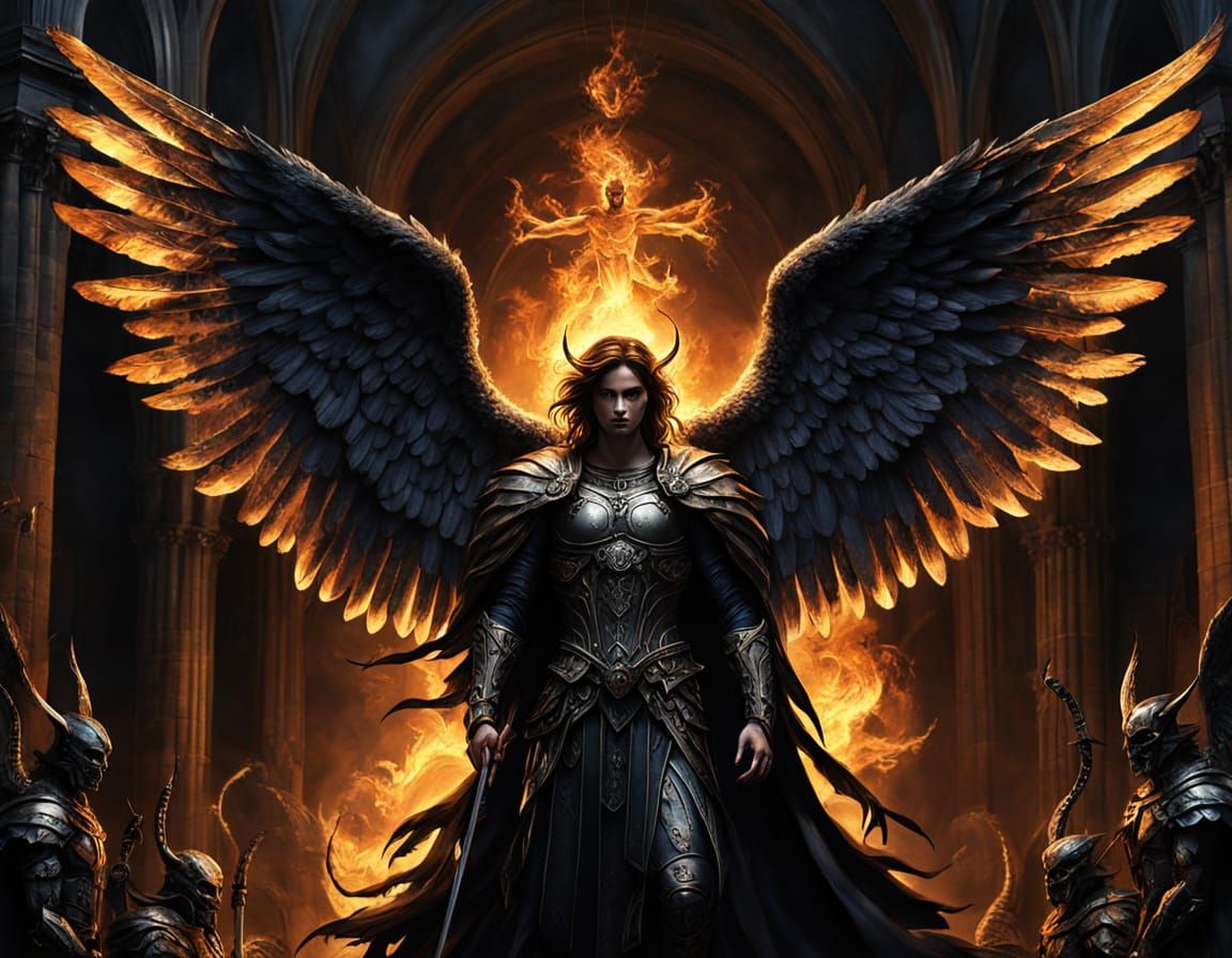 Archangel Surrounded by Demons in Gothic Oil Painting