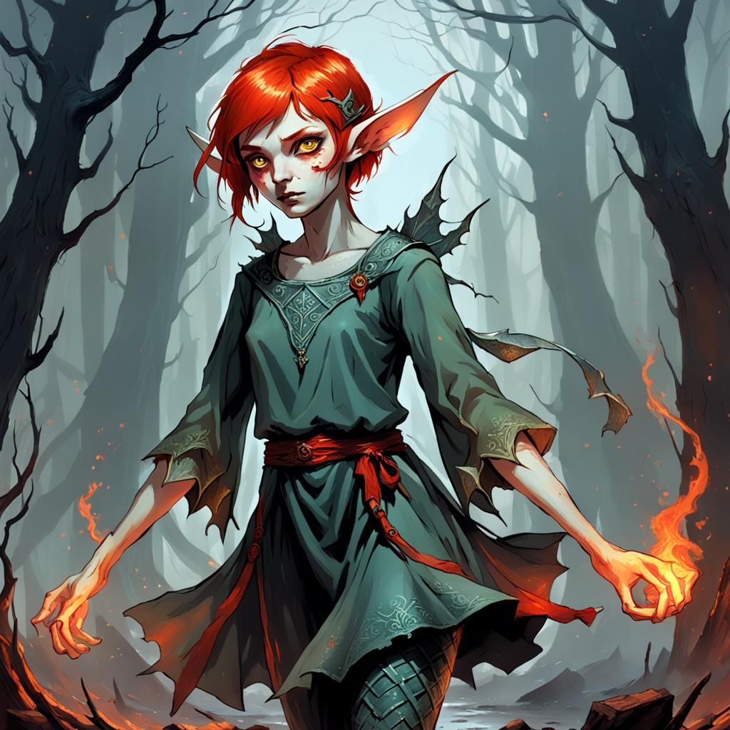 Mary Blood, variant 2: dark pixie, elven fey, pale dingy tunic, short red hair, fiery