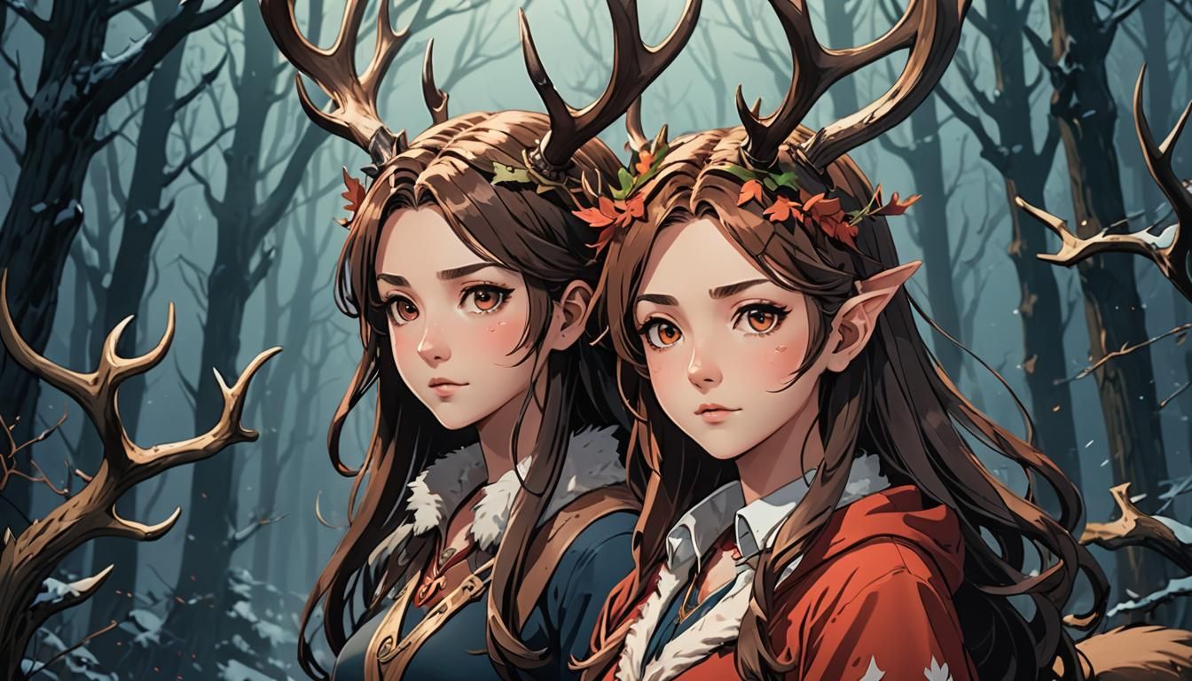 Anime Women with Antlers in Cel-Shaded Style