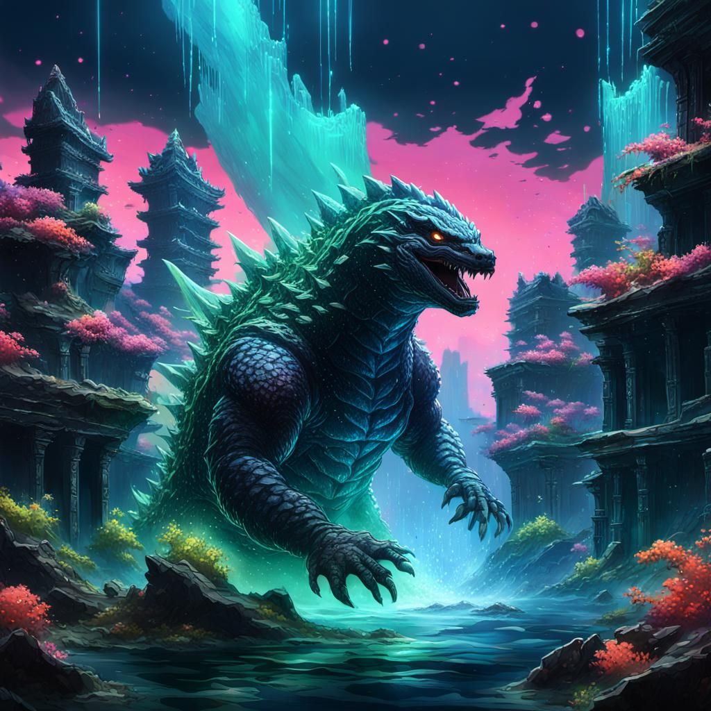 Godzilla in Underwater Ruins: Hyper-Realistic Anime Art