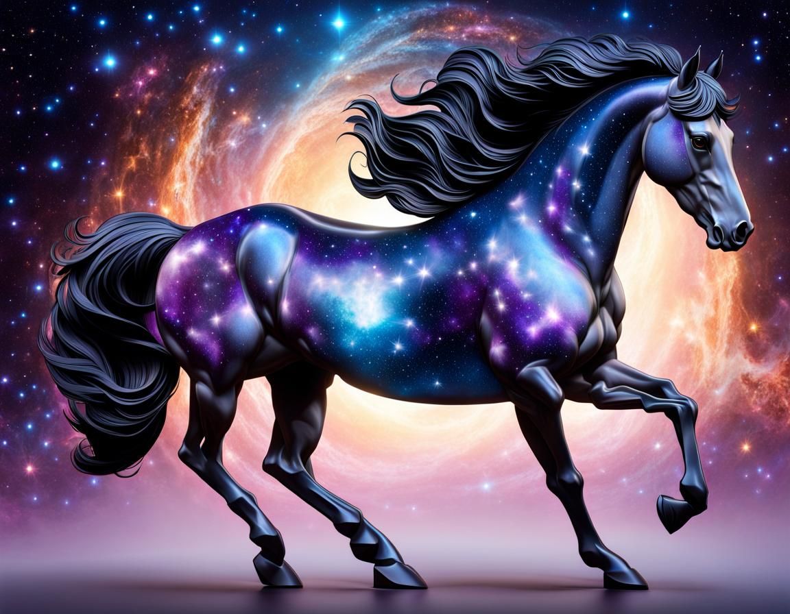 Galactic Glass Stallion Statue in Nebula