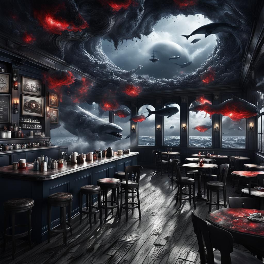 Surreal Coffee Shop with Goth Model in Matte Painting