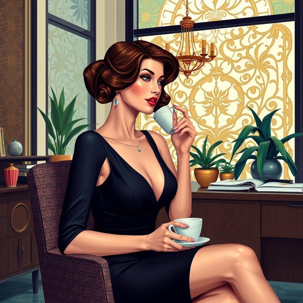 Elegant Woman in Office, Art Nouveau Digital Art