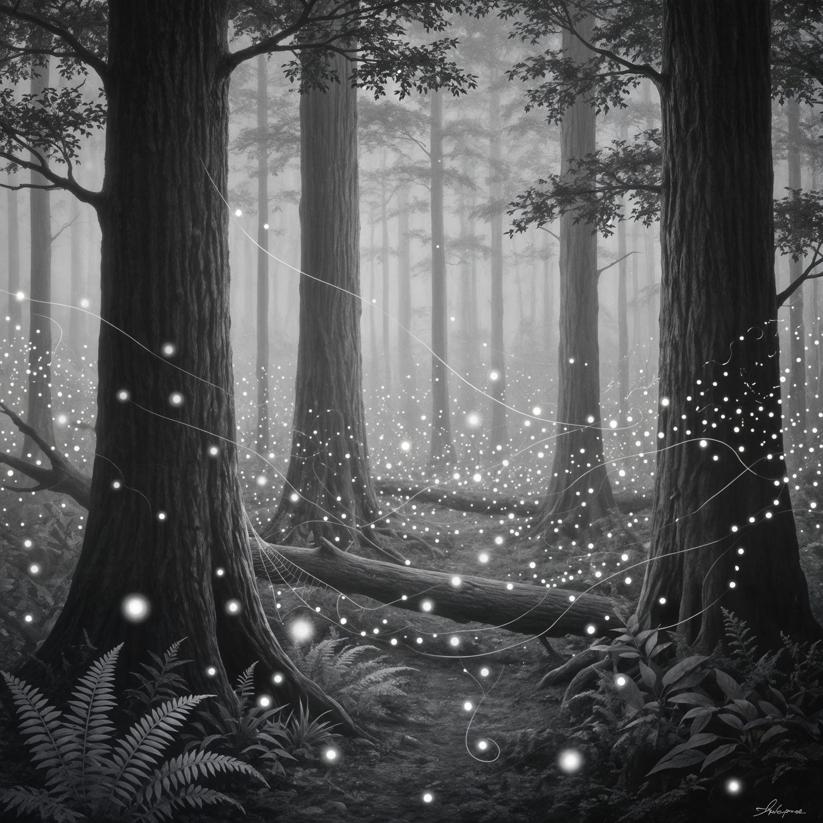 Monochrome Forest Scene with Ethereal Fireflies
