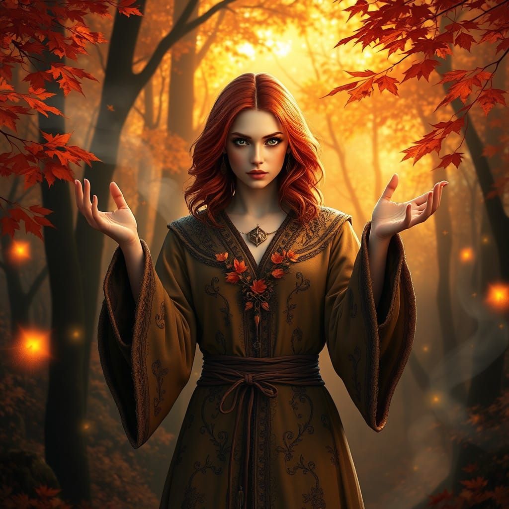 Mystical Autumn Sorceress Unveils Spell in Vibrant Fall Fore...