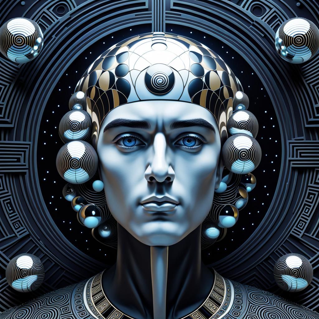 Art Deco Face with Op Art Spheres, Klimt Style