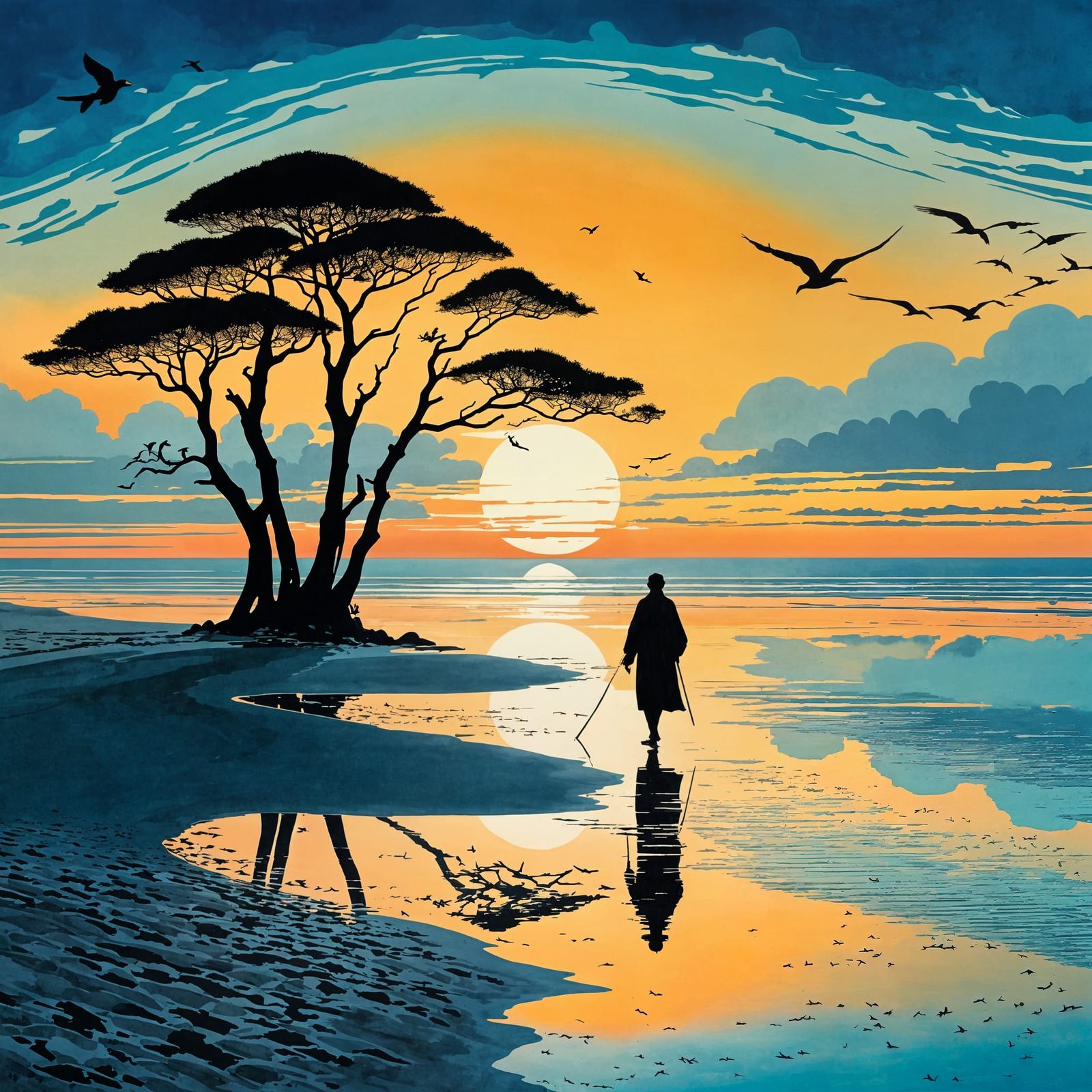 Lonely Walker Amidst Wadden Sea Sunset