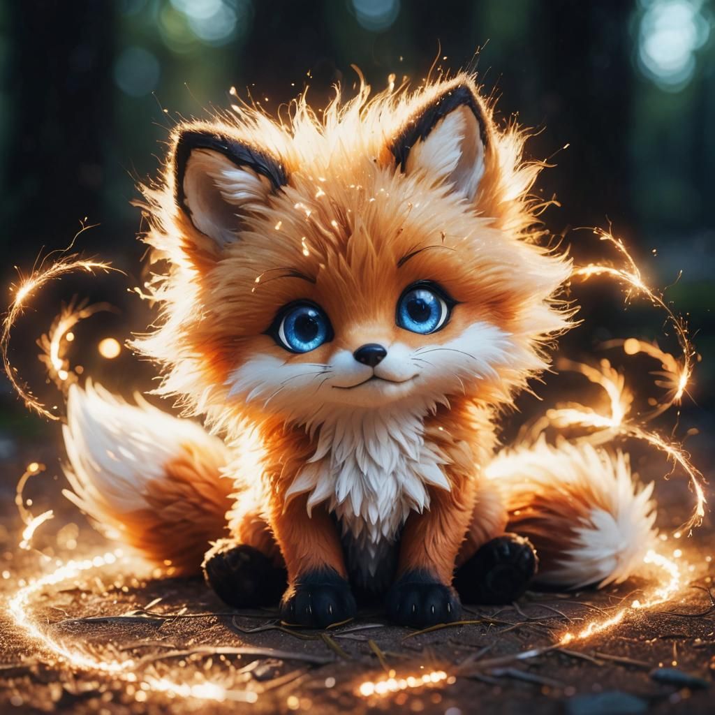 Vermillion Chibi Fox with Shimmering Sparks, Digital Art