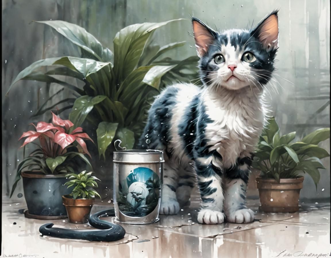 Kitten Seeks Shelter from Rain: Watercolor and Ink