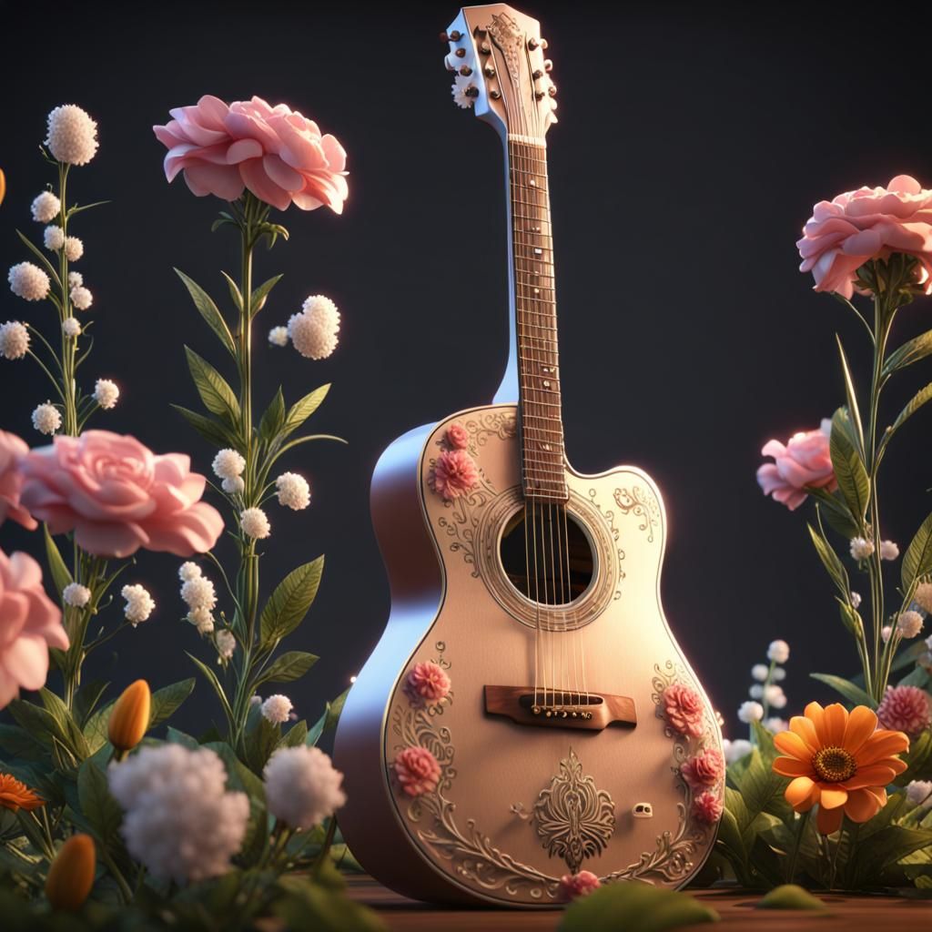Guitar with Flowers in 3D Game Style