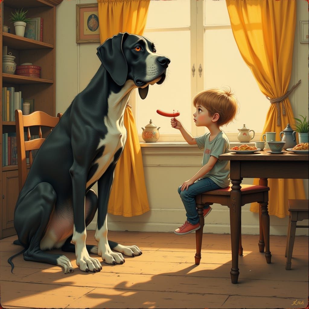 Boy Shares Sausage with Giant Great Dane in Storybook Style