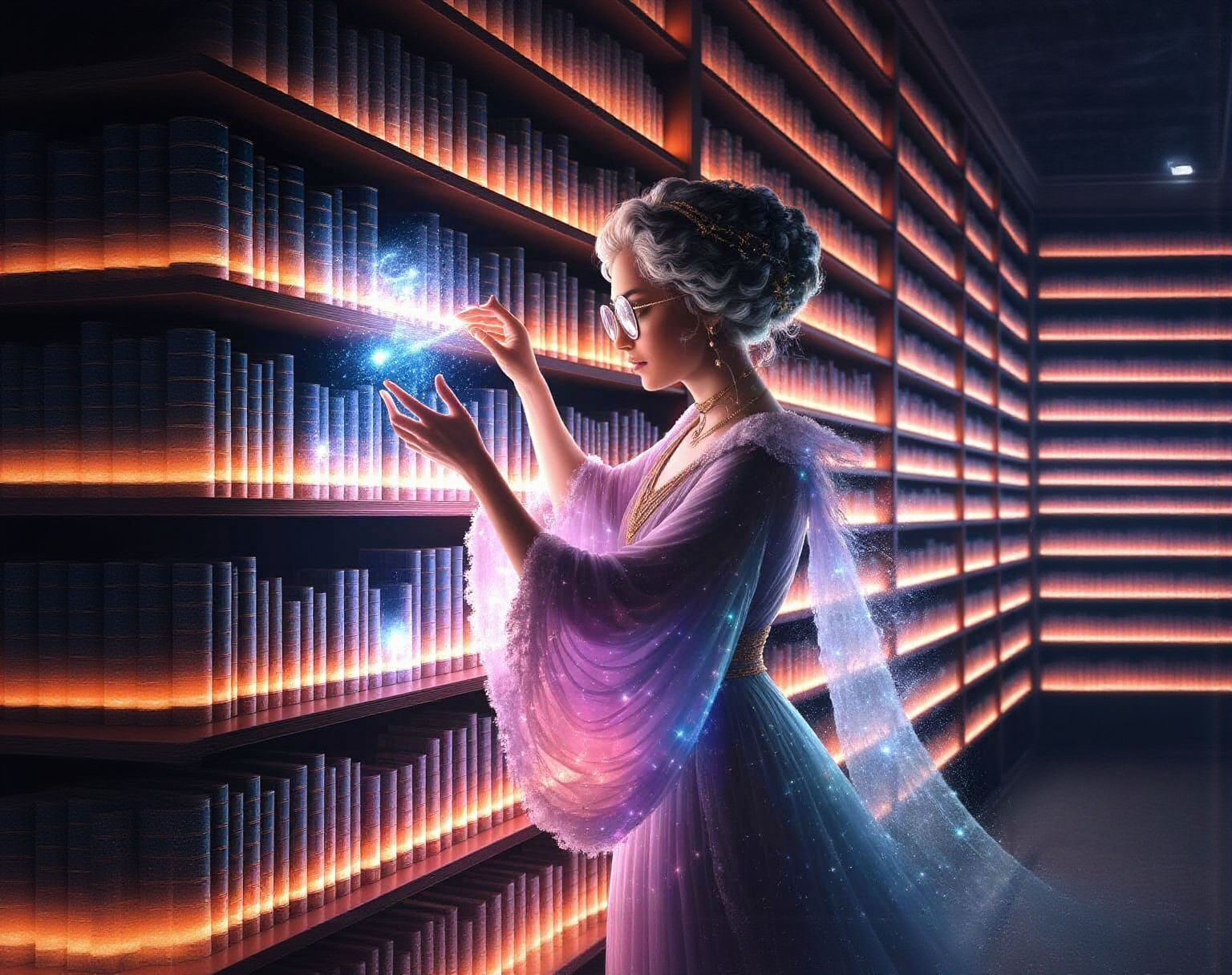 Celestial Librarian Organizing Galaxies in Starlight Library