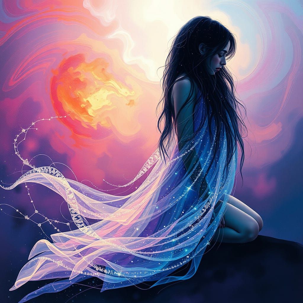 Woman in Contemplative Weeping Pose with Iridescent Hair