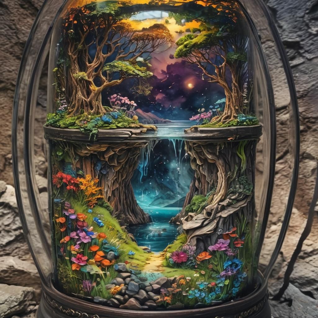 Middle Earth Landscape Inside Glass Lantern, Watercolor