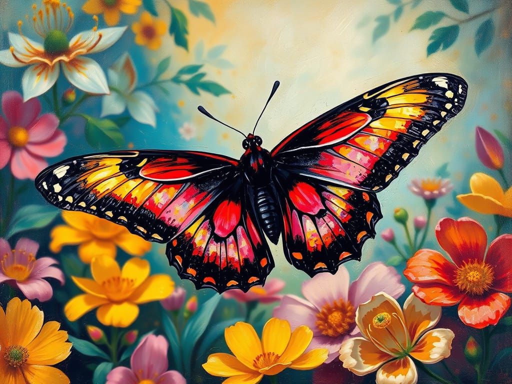 Gestural Swallowtail in Opulent Floral Landscape