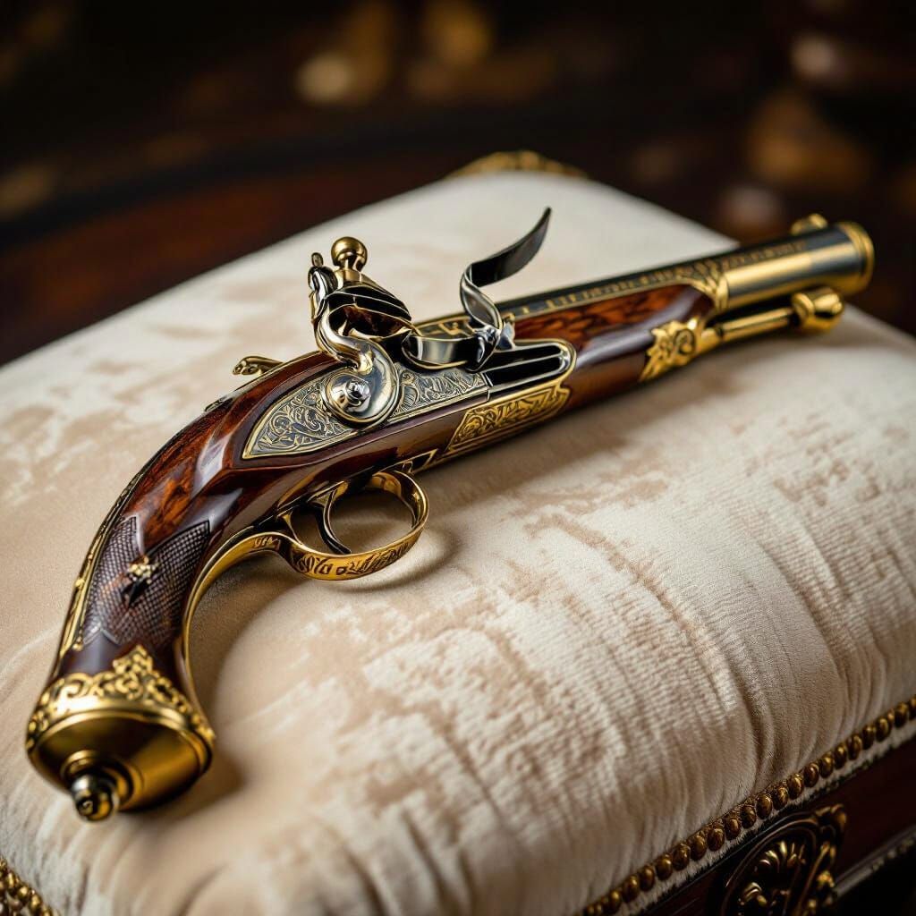Antique Golden Flintlock Pistol on Velvet Cushion