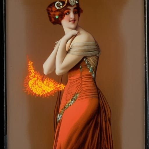 Art Nouveau Woman in Fire Opal Ball Gown