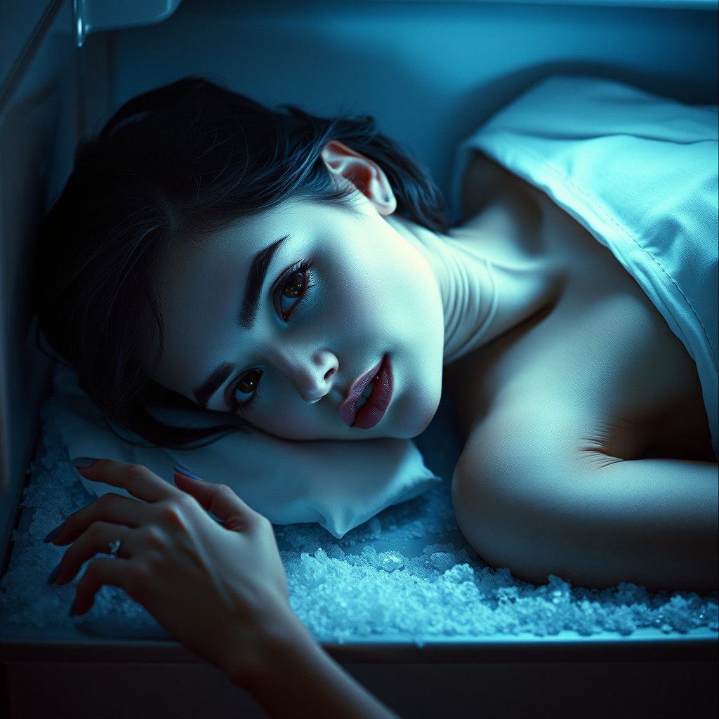 Icy Woman on Slab: Gothic Cinematic Film Still