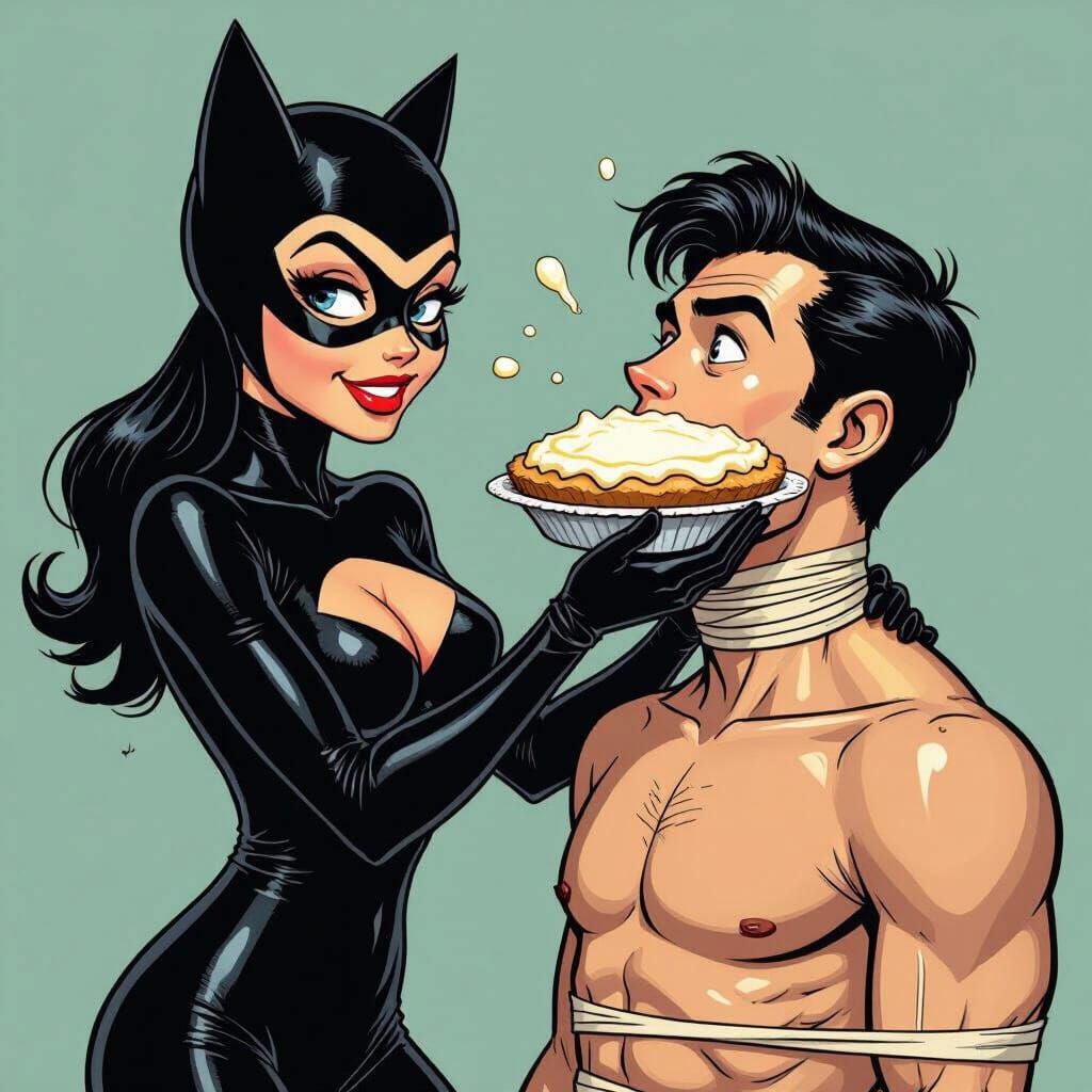 Catwoman Cream Pie Prank in Bruce Timm Cartoon Style