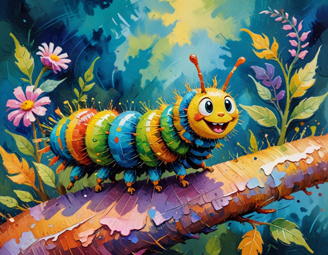 Excited Caterpillar in Gouache Style