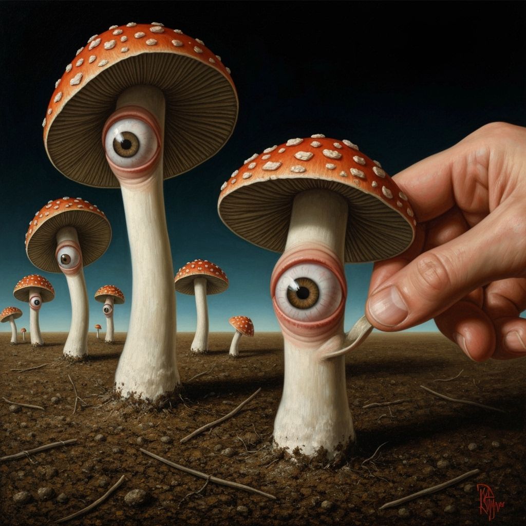 Surreal Mushrooms with Eyes in Absurdistan Oil Painting
