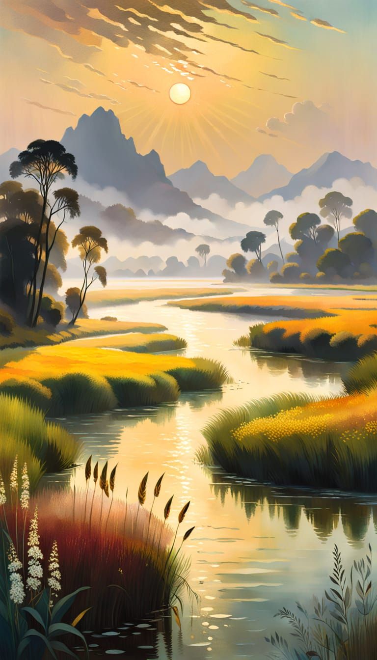 Impressionist Landscape with Lush Meadow and Snow-Capped Mou...