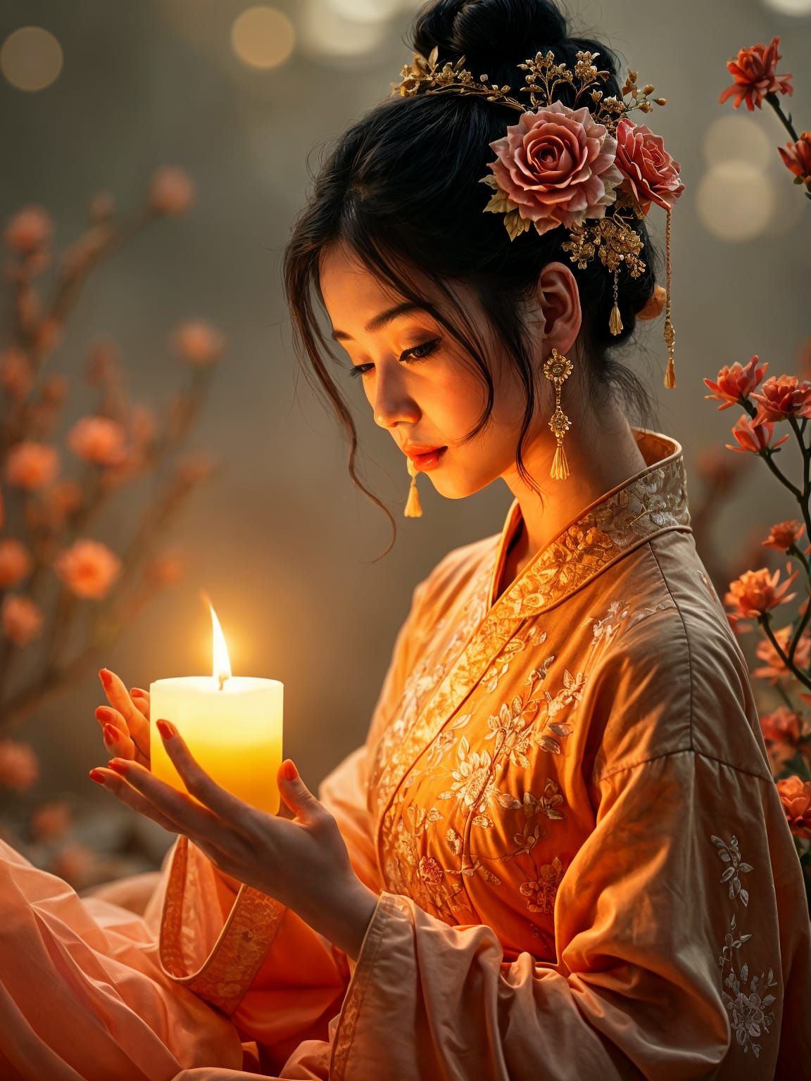 Oriental Woman with Candle in Romantic Fairycore Style