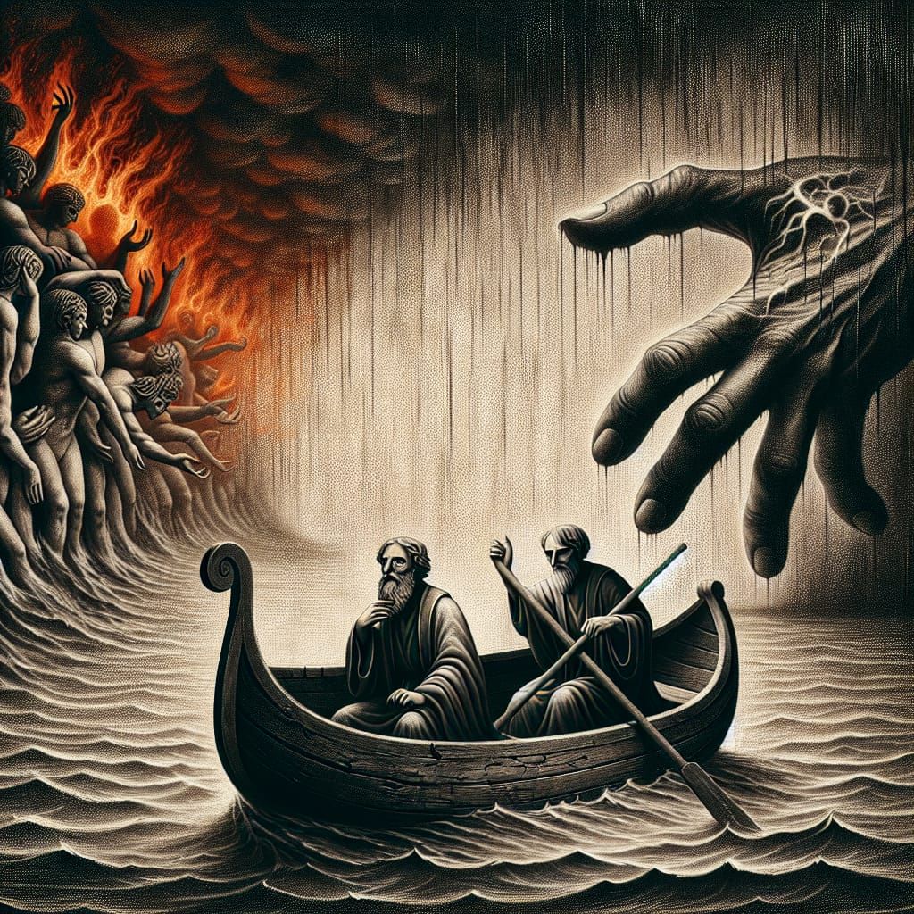 Dante Alighieri and Virgil, cross a dark and gloomy river Le...