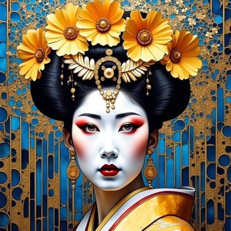 Geisha with Flower Crown in Neo-Impressionist Style
