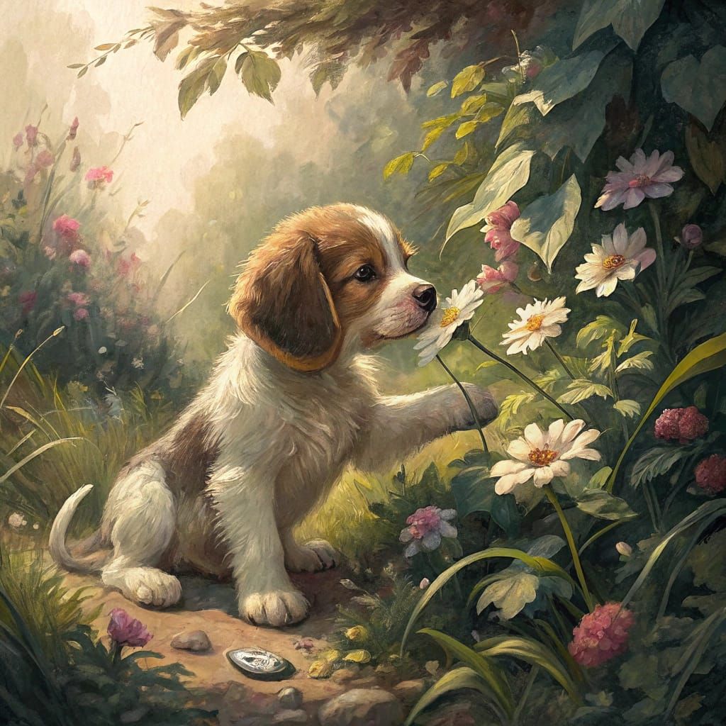 Whimsical Puppy in an Impressionist Garden