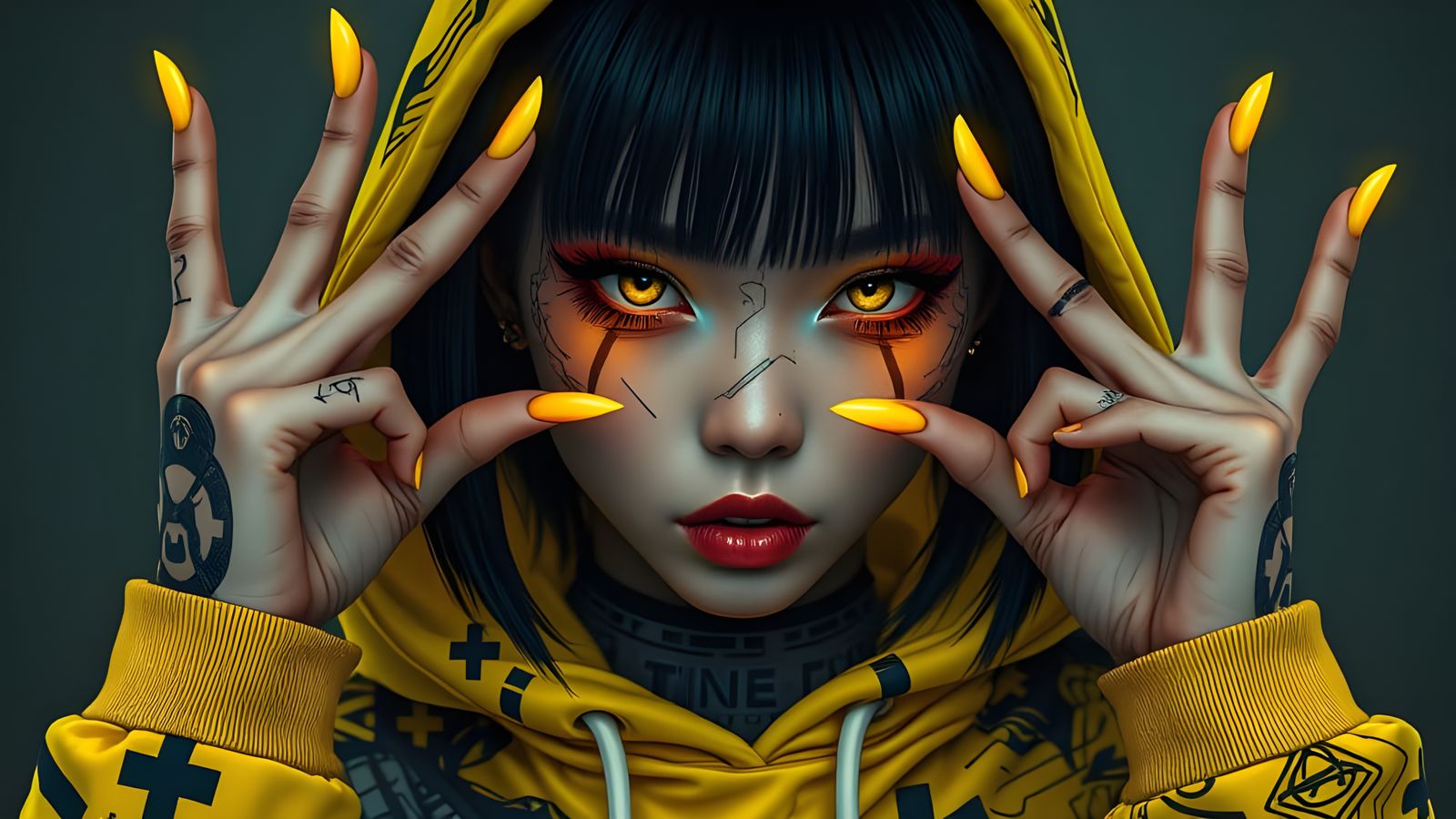 Cyberpunk Asian Woman with Glowing Eyes and Tattoos