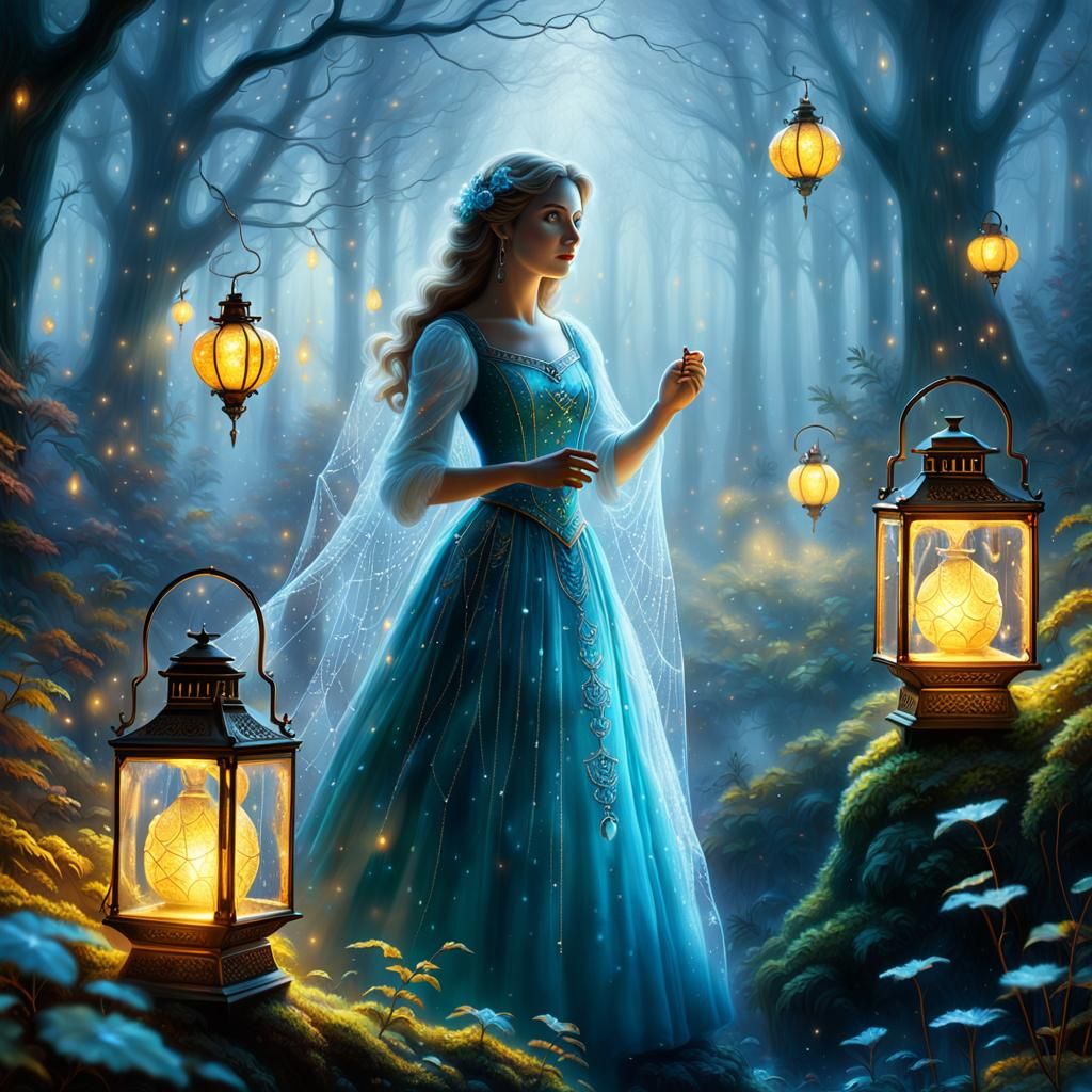 Ethereal Fantasy: Woman with Lantern in Misty Forest