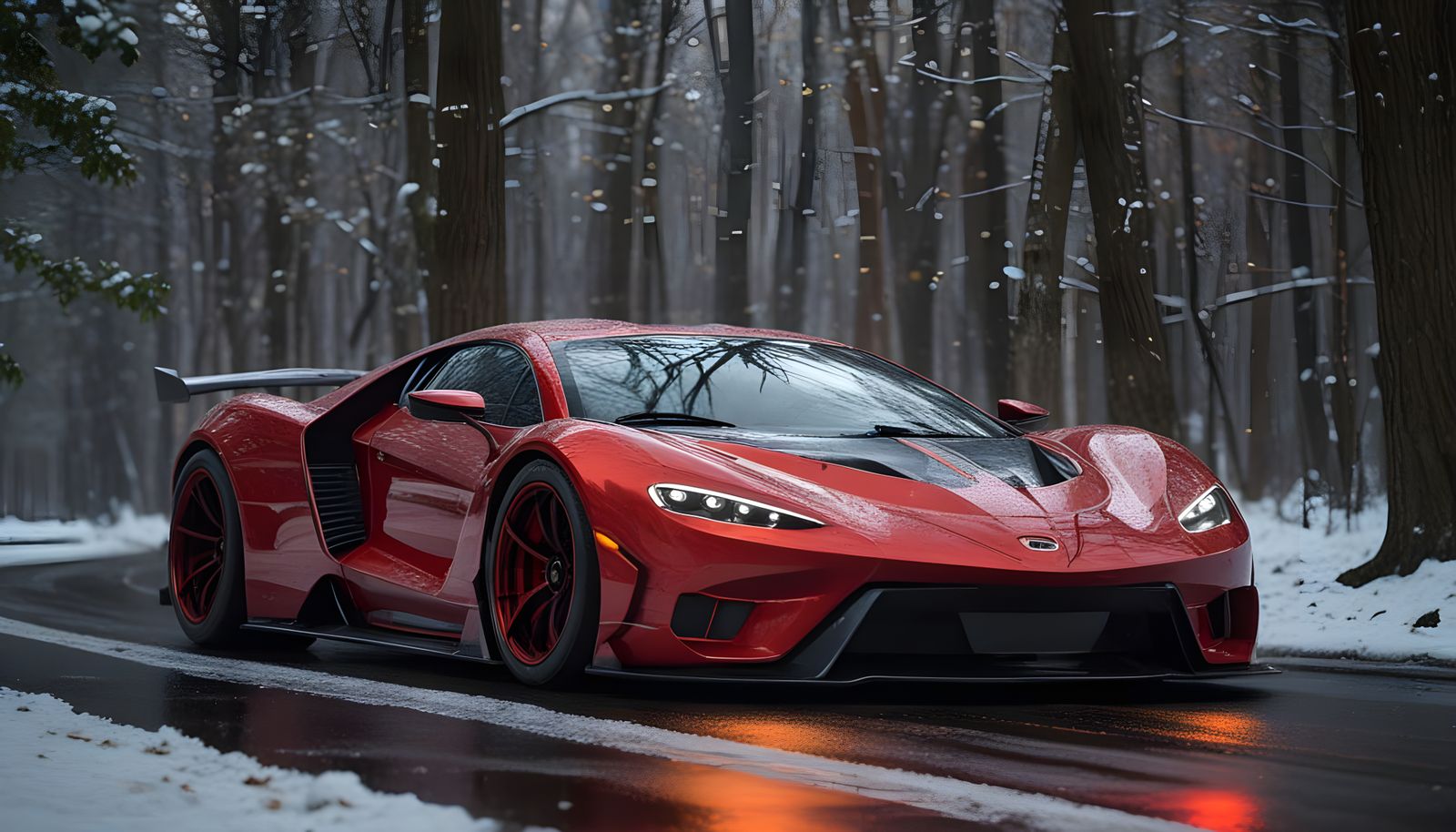 Hyperrealistic Christmas Hyper Car at Night in Winter Forest