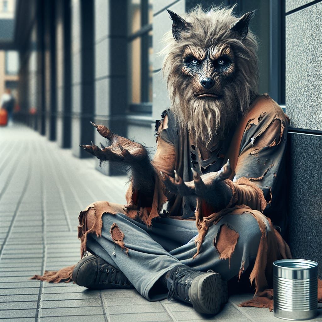 Homeless Werewolf Begging for Change
