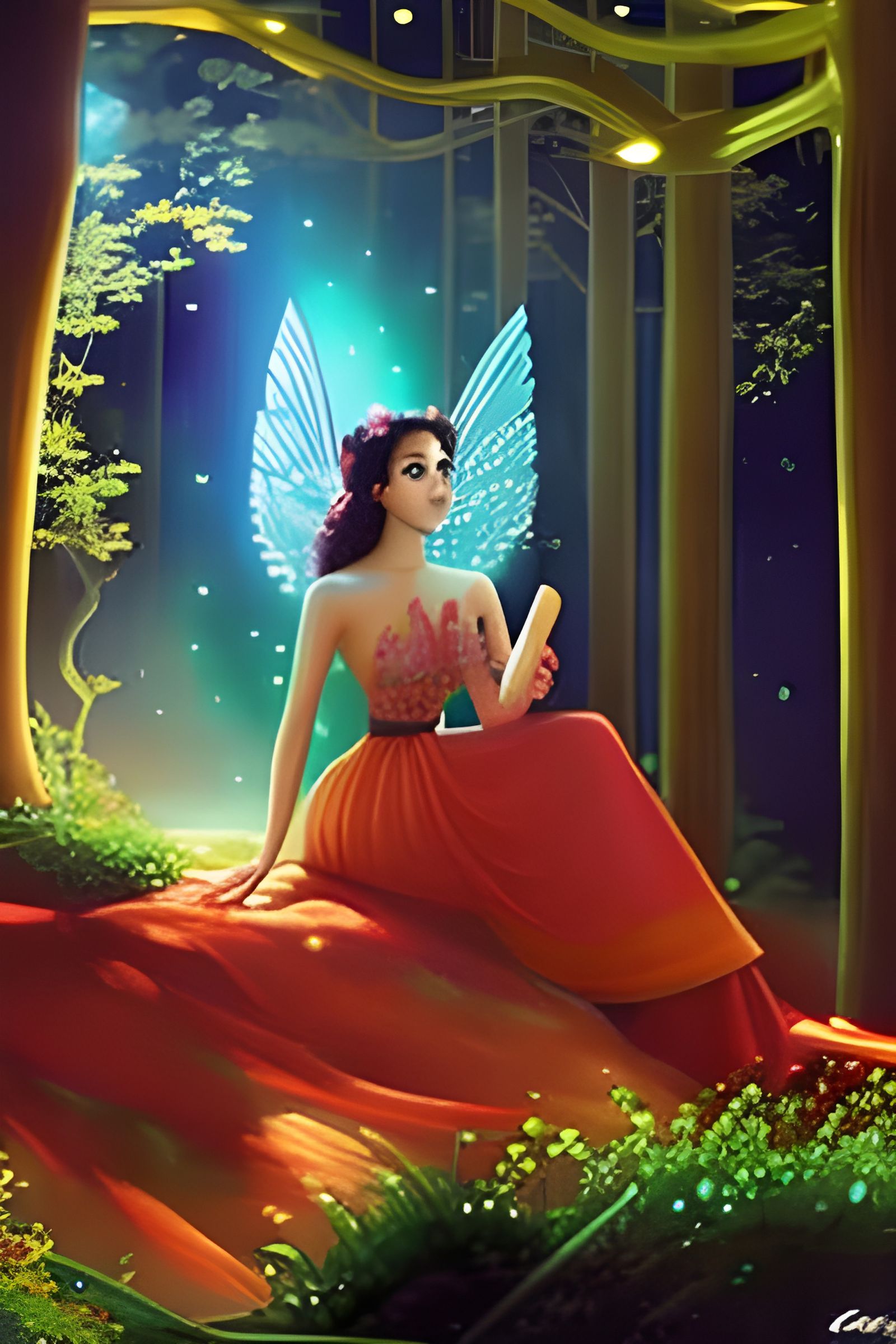 Fairy in Forest with Sparkling Lights