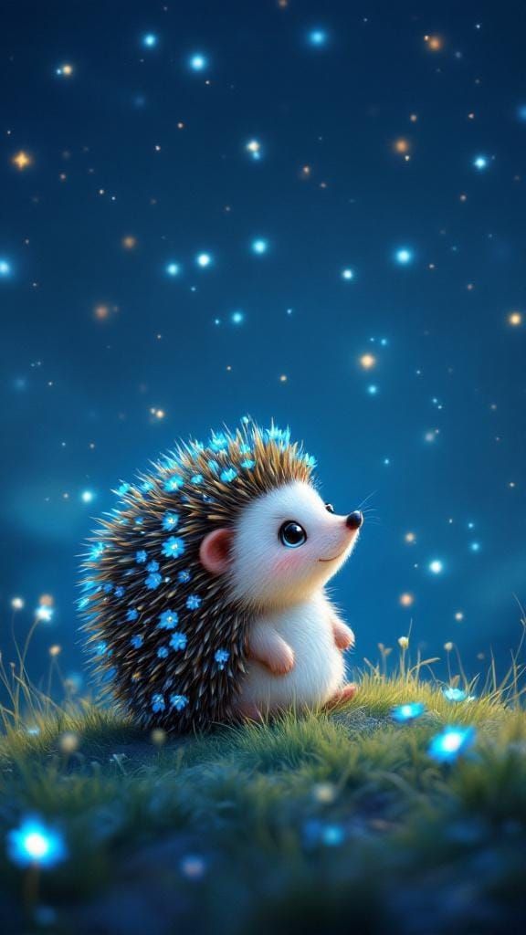 Animated Hedgehog with Glowing Flowers on Starry Night