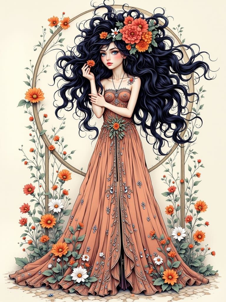 Art Nouveau Glass Lady in Pen and Wash Style