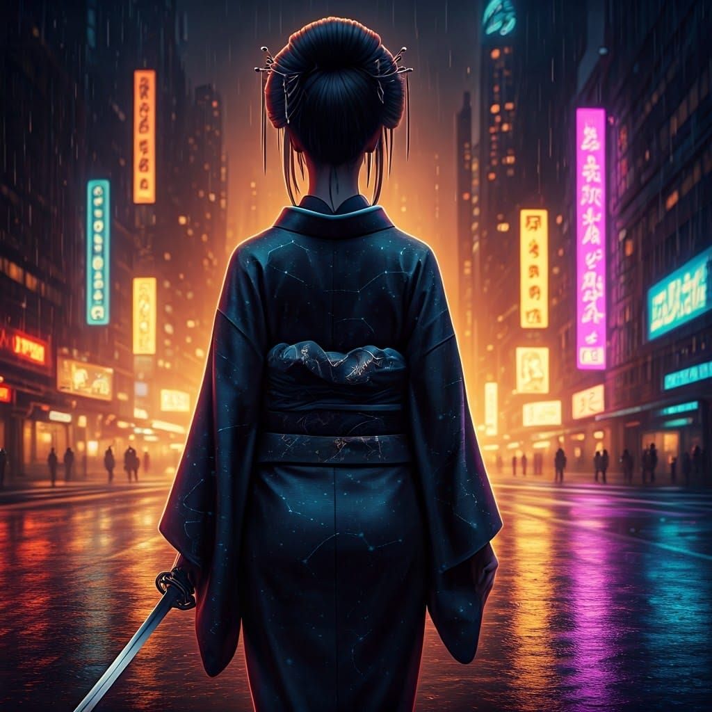 Neon Cityscape Ronin in Cyberpunk Style