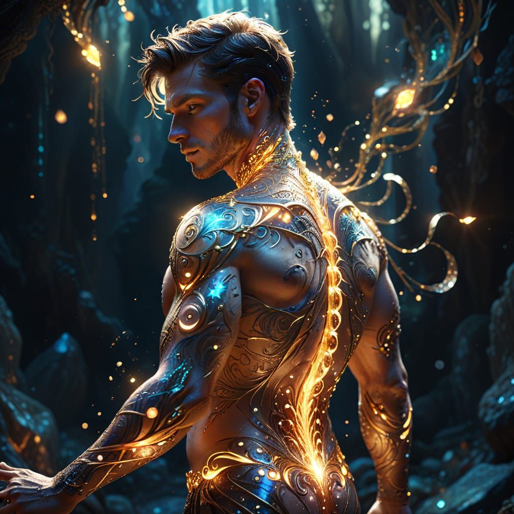Ethereal Figure with Glowing Tattoos in Digital Art