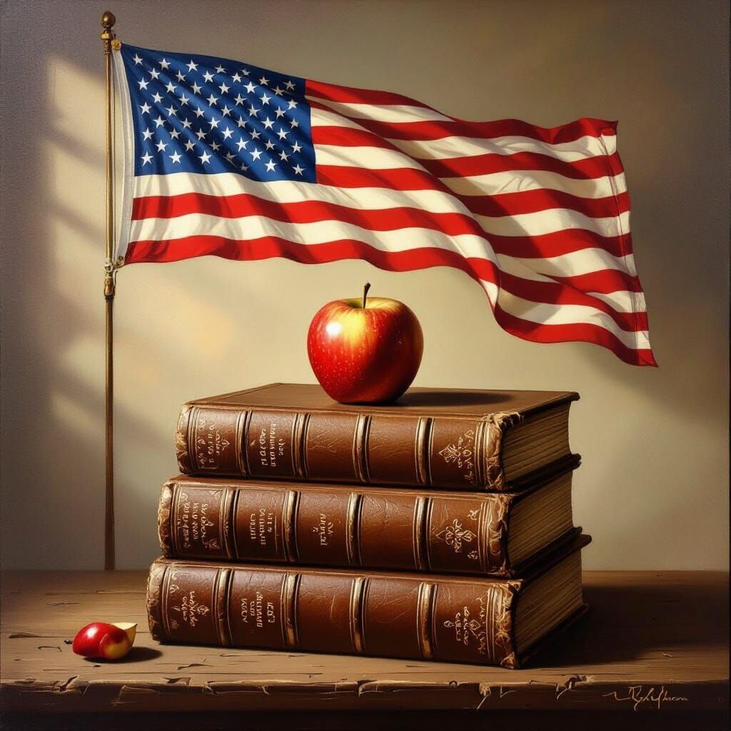 Antique Books, Apple, and Flag Oil Painting