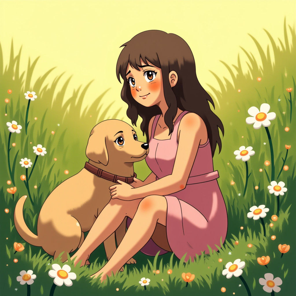 Girl with Labrador in Wildflower Field, Manga Scan