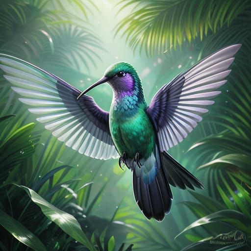 Majestic Hummingbird in Lush Jungle Digital Matte Painting