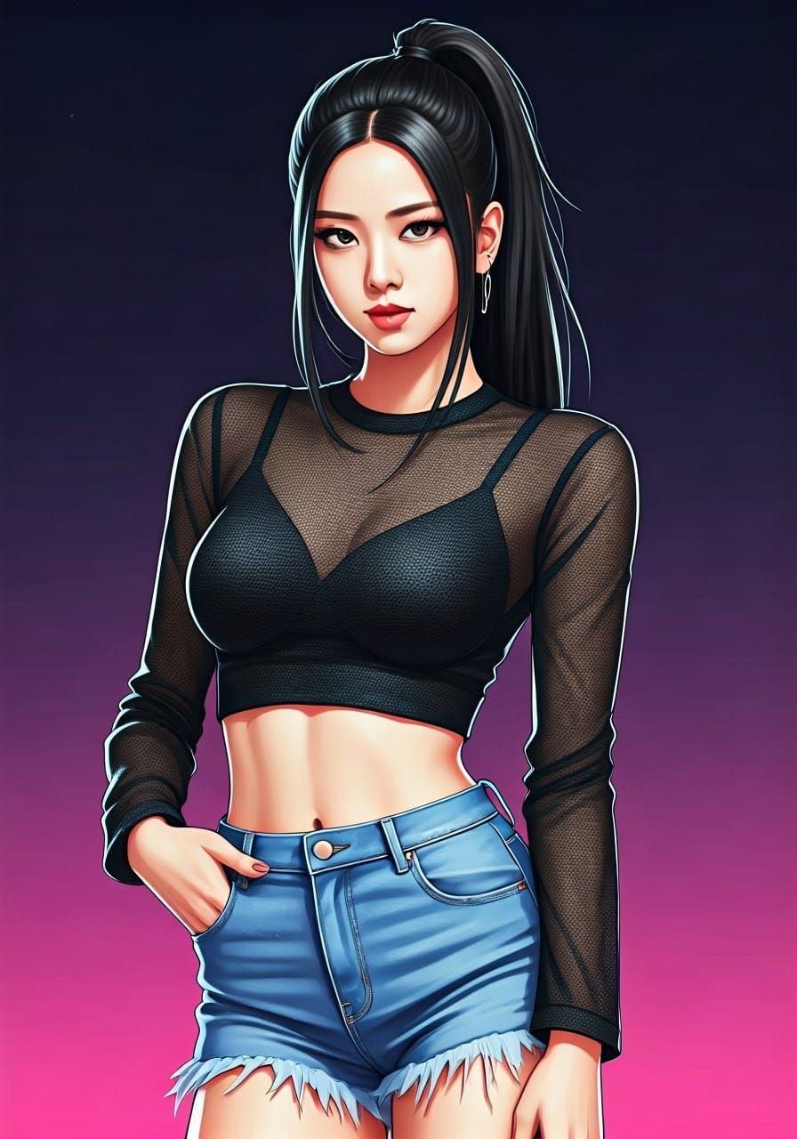 Korean Woman in Shounen Anime Style with Neon Accents