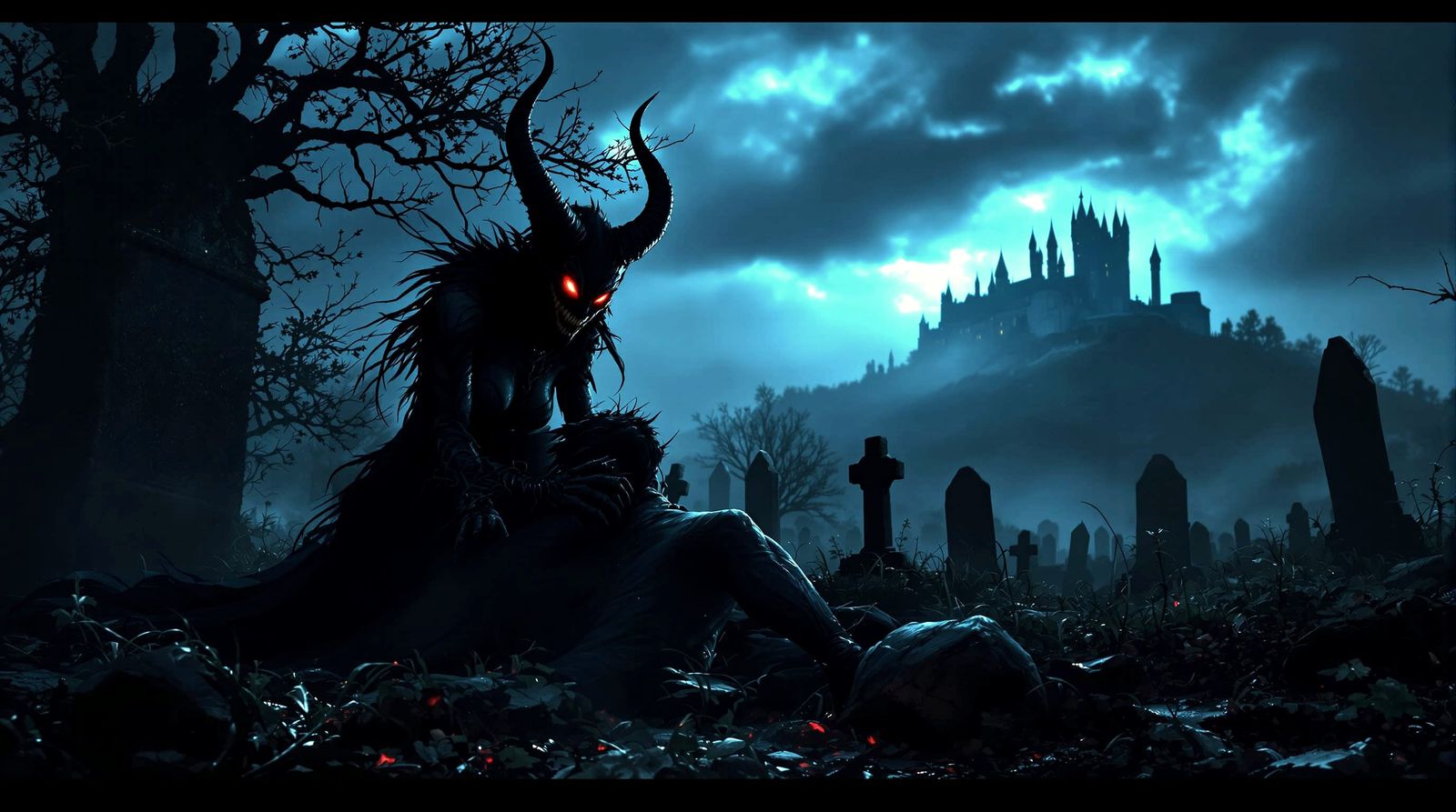 Fierce Demoness in Foggy Graveyard, B-Horror Style