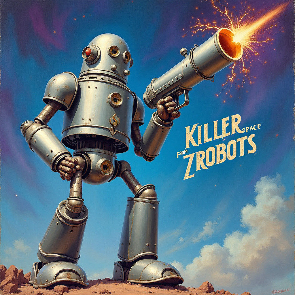 Retro Robot Hero in Cosmic Pulp Art