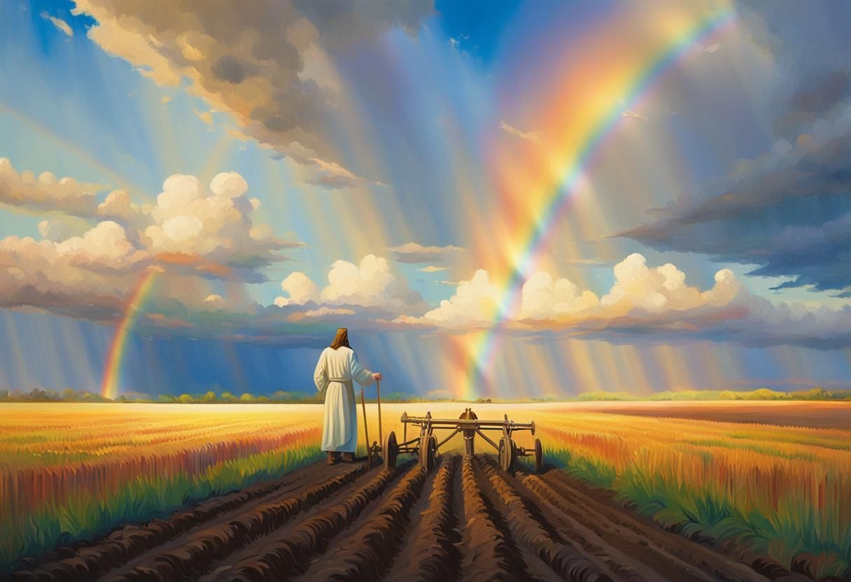 Jesus Plows Field Under Rainbow: Impressionist Painting